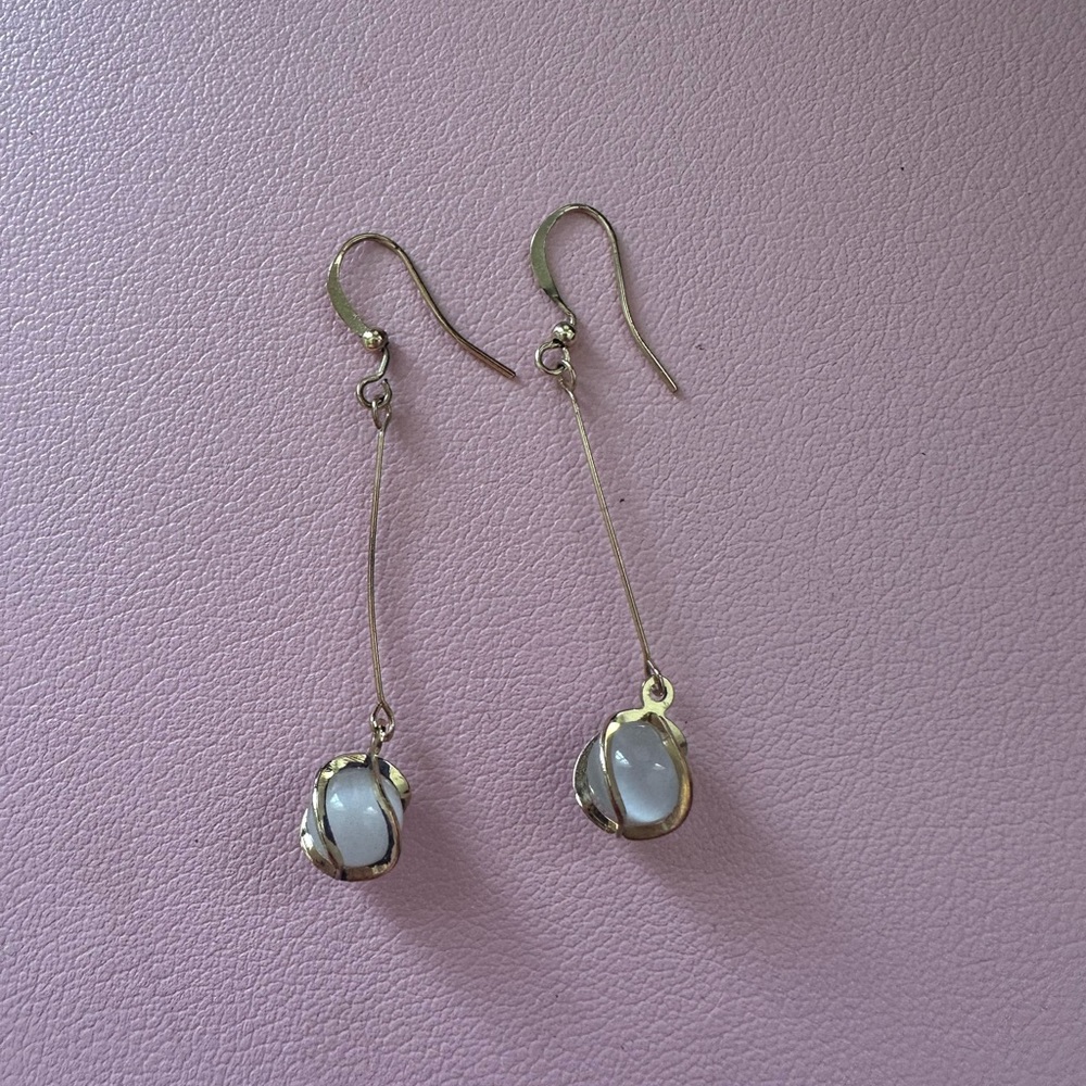 Perfect Holiday Gift Gold Drop Earrings with Iridescent White Beads